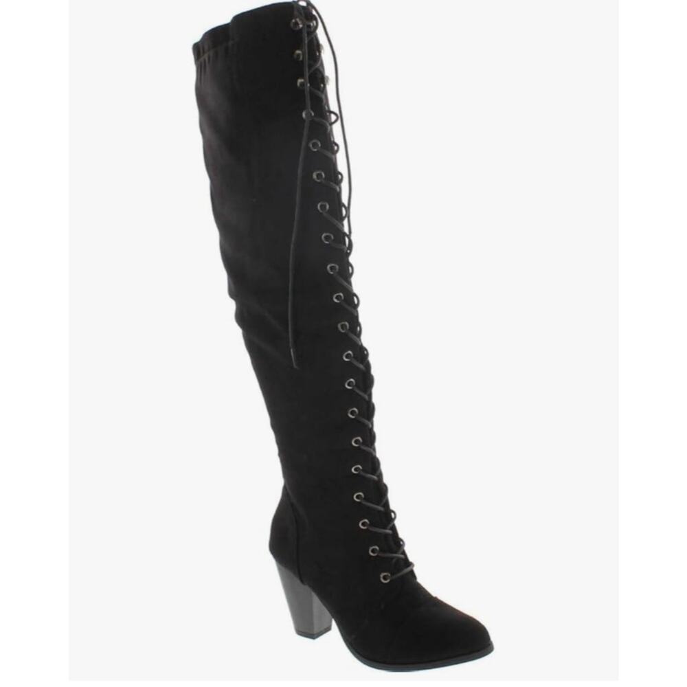 Women's Black Faux Suede Sexy Lace-Up Over-The-Knee Boots - Sz 8.5 - EUC